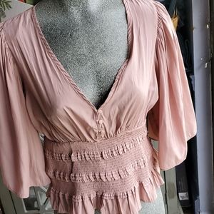 Mauve Elasticized Bodice Waist Flowy Sleeves Top